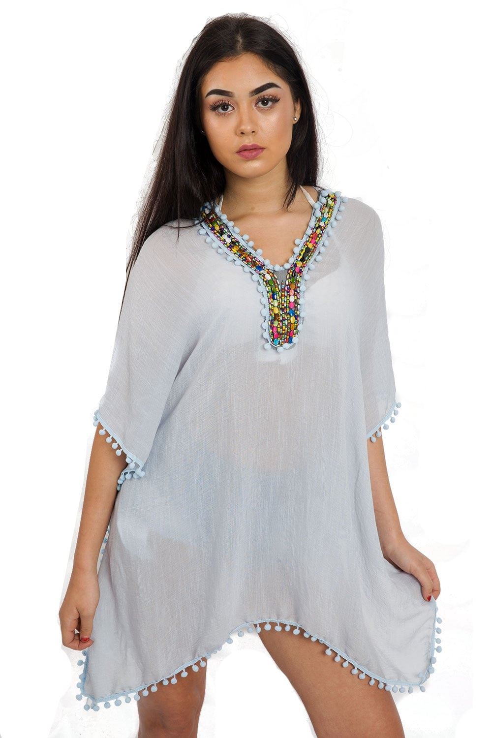Ladies New Lightweight Pom Beaded Kaftan Beach Dress Top Festival