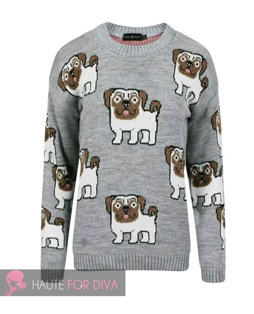 WOMEN S LONG SLEEVE THICK KNITTED PRINTED PUG DOG JUMPER SWEATER SIZE S-L eBay
