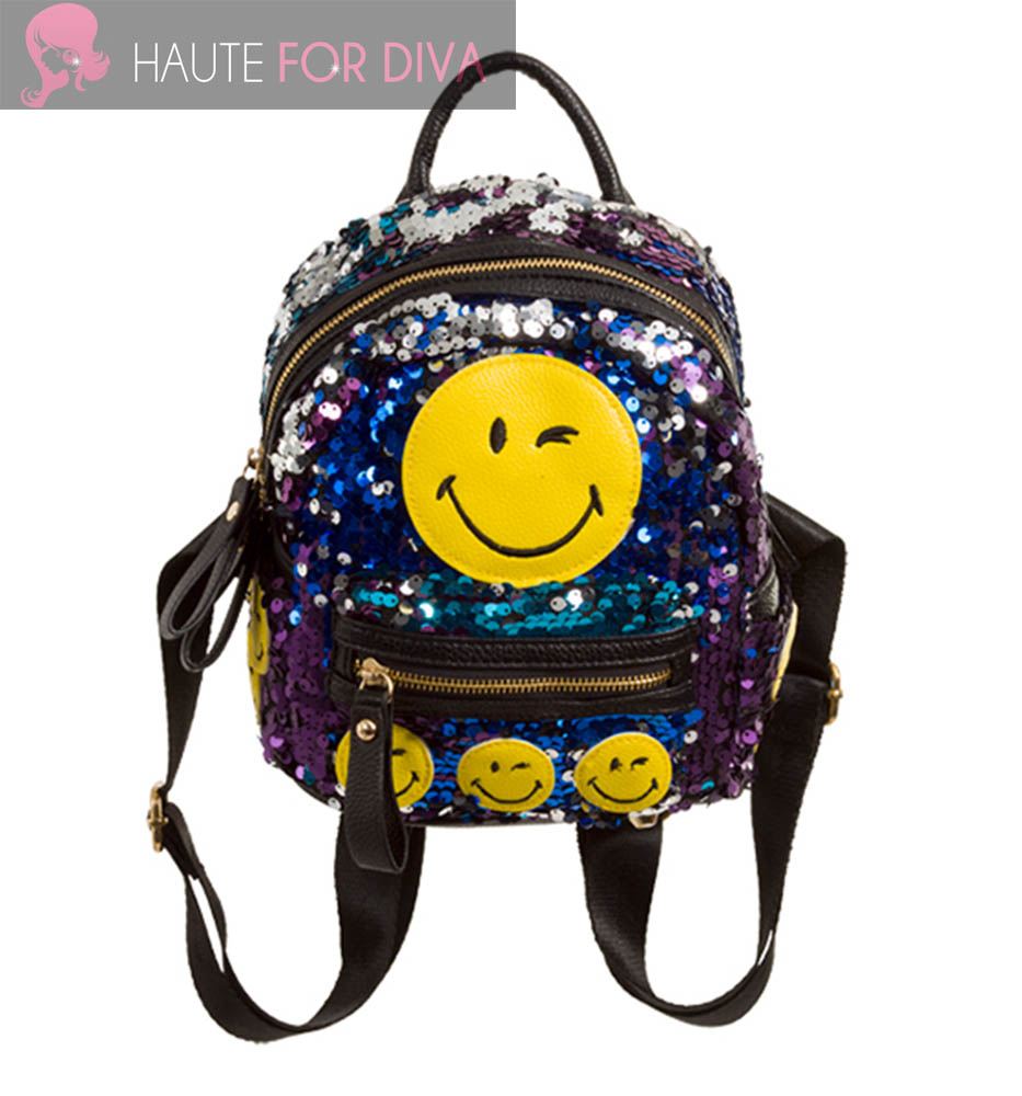 LADIES NEW WINKING EYE EMOJI SEQUINS FAUX LEATHER BACKPACK RUCKSACK