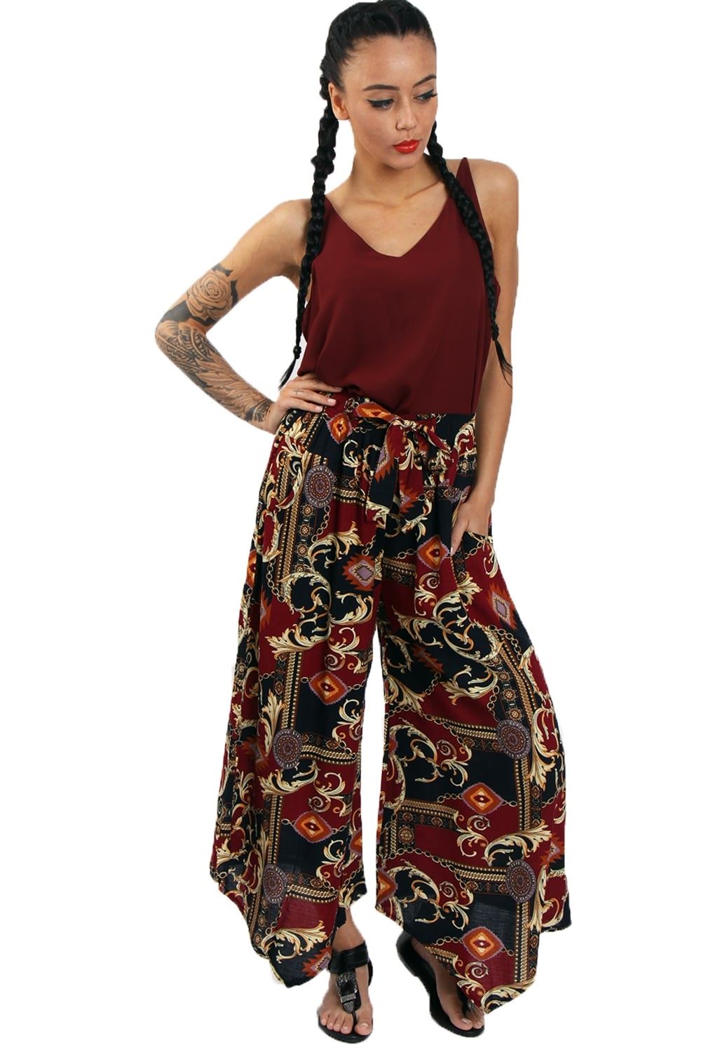 Ladies New Bold Pattern Wide Fit Crop Trousers Summer Pants Beach Wear