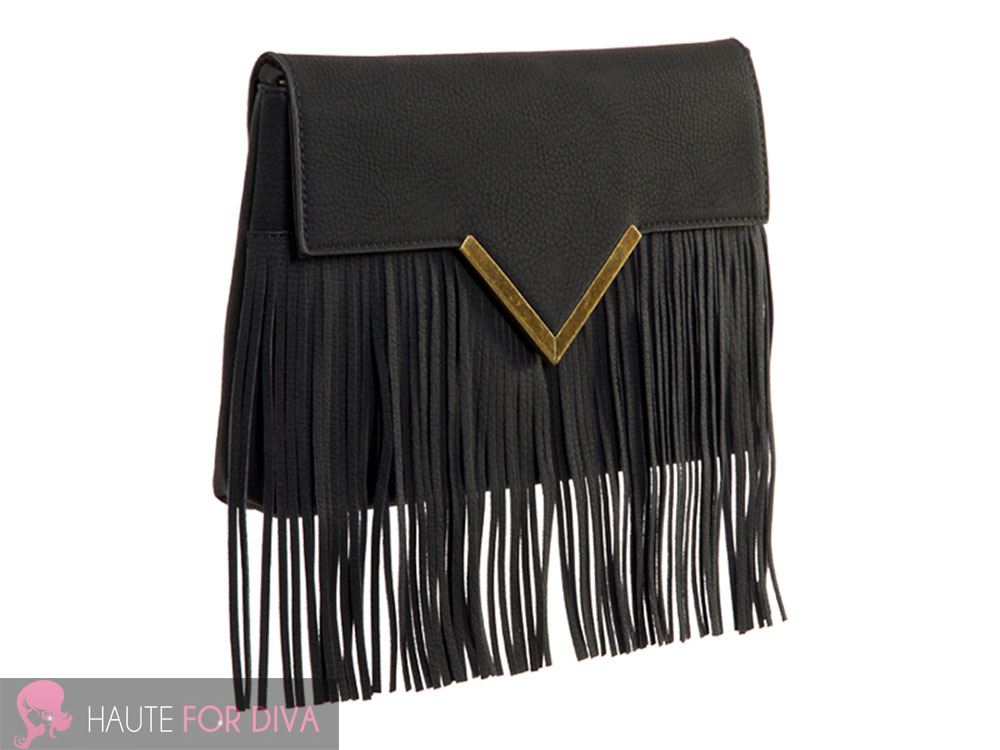 WOMEN’S NEW FRINGE TASSEL GOLD V DETAIL FASHION SHOULDER BAG HANDBAG
