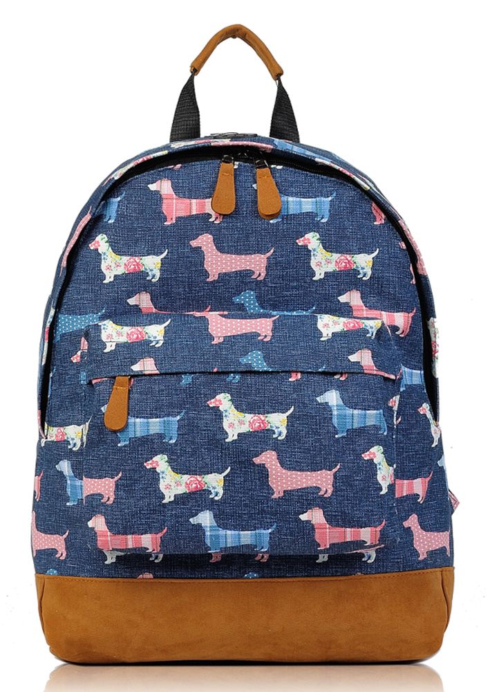 NEW CANVAS SAUSAGE DOG POODLE PRINT BACKPACK SCHOOL TRAVEL COLLEGE RUCKSACK