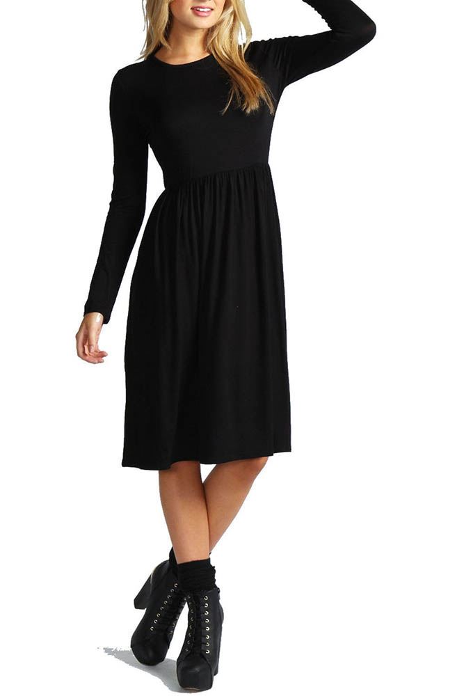 NEW LADIES KNEE LENGTH LONG SLEEVE PLAIN SWING SKATER DRESS PLUS SIZE