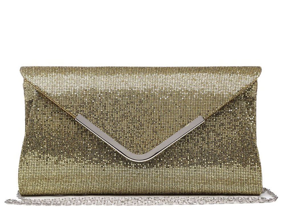 WOMENS GLITTER SHIMMER ENVELOPE CLUTCH BAG SILVER TRIM CHAIN HAND BAG
