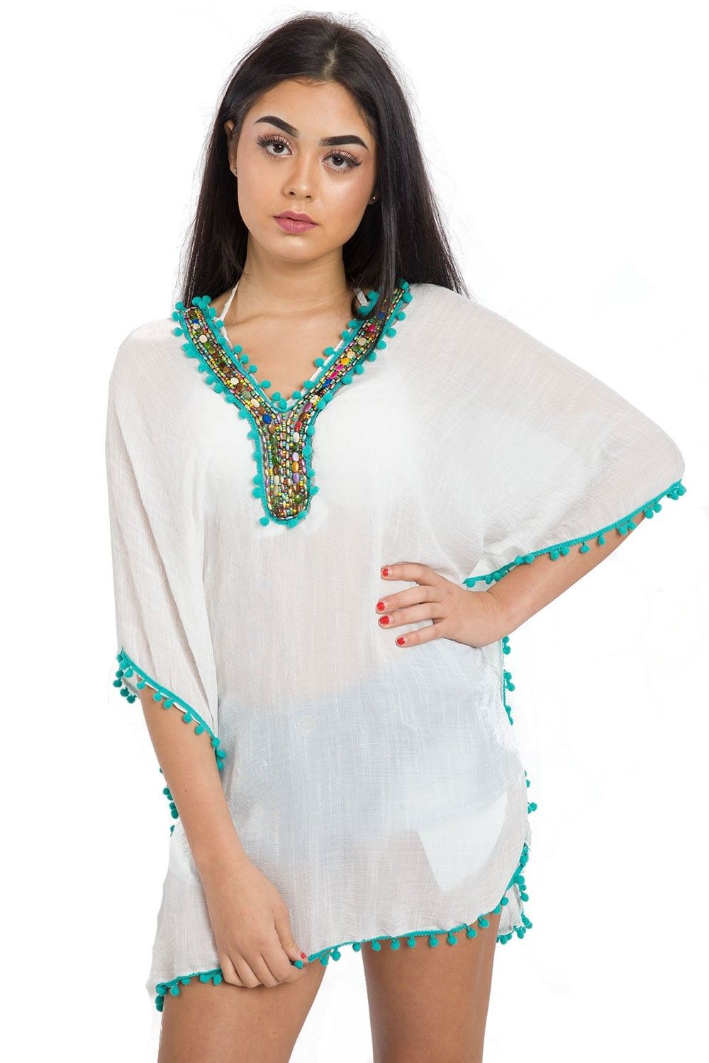 Womens Cute Lightweight Pom Beaded Kaftan Beach Dress Top Festival Indian Hippy eBay