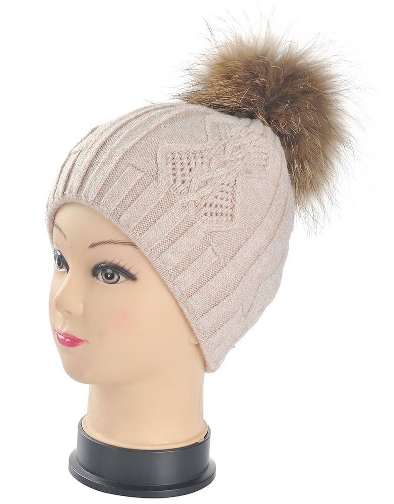 WOMEN’S NEW WINTER SKI CASHMERE KNITTED REAL FUR POM POM BEANIE BOBBLE