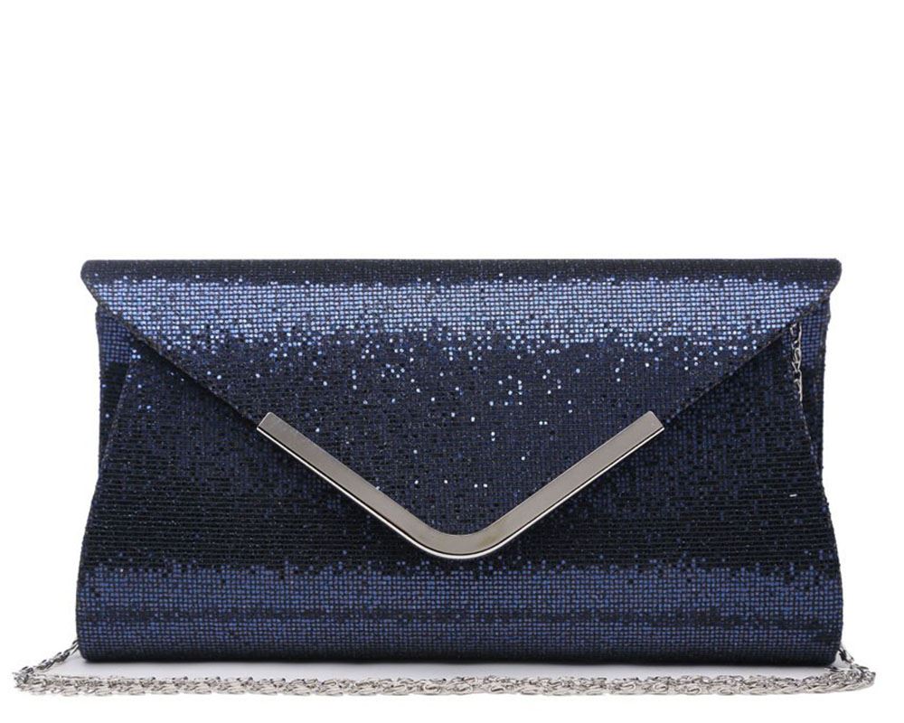 WOMENS GLITTER SHIMMER ENVELOPE CLUTCH BAG SILVER TRIM CHAIN HAND BAG