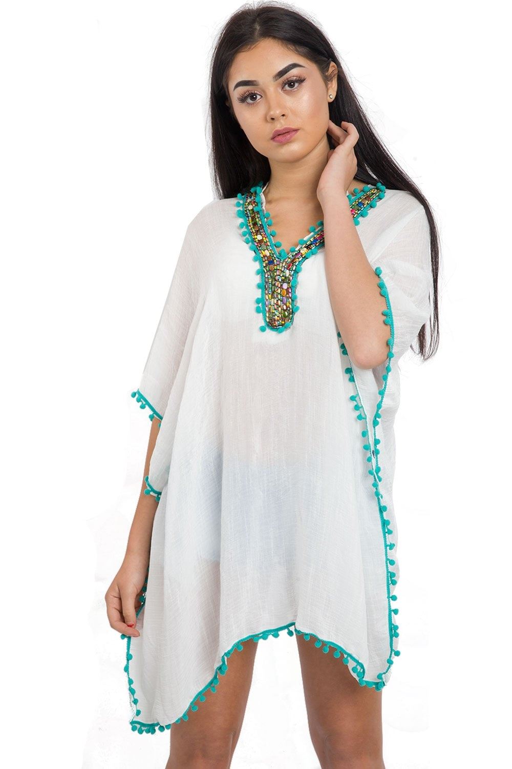 Womens Cute Lightweight Pom Beaded Kaftan Beach Dress Top Festival