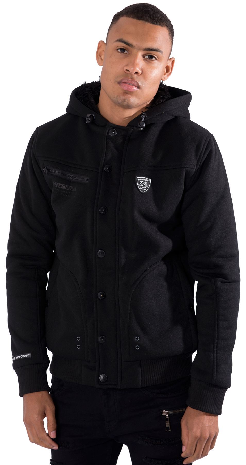 Mens Hooded Jacket Hoodie Fur Hood Button Zip Through By Rawcraft Sizes S-XXL | eBay