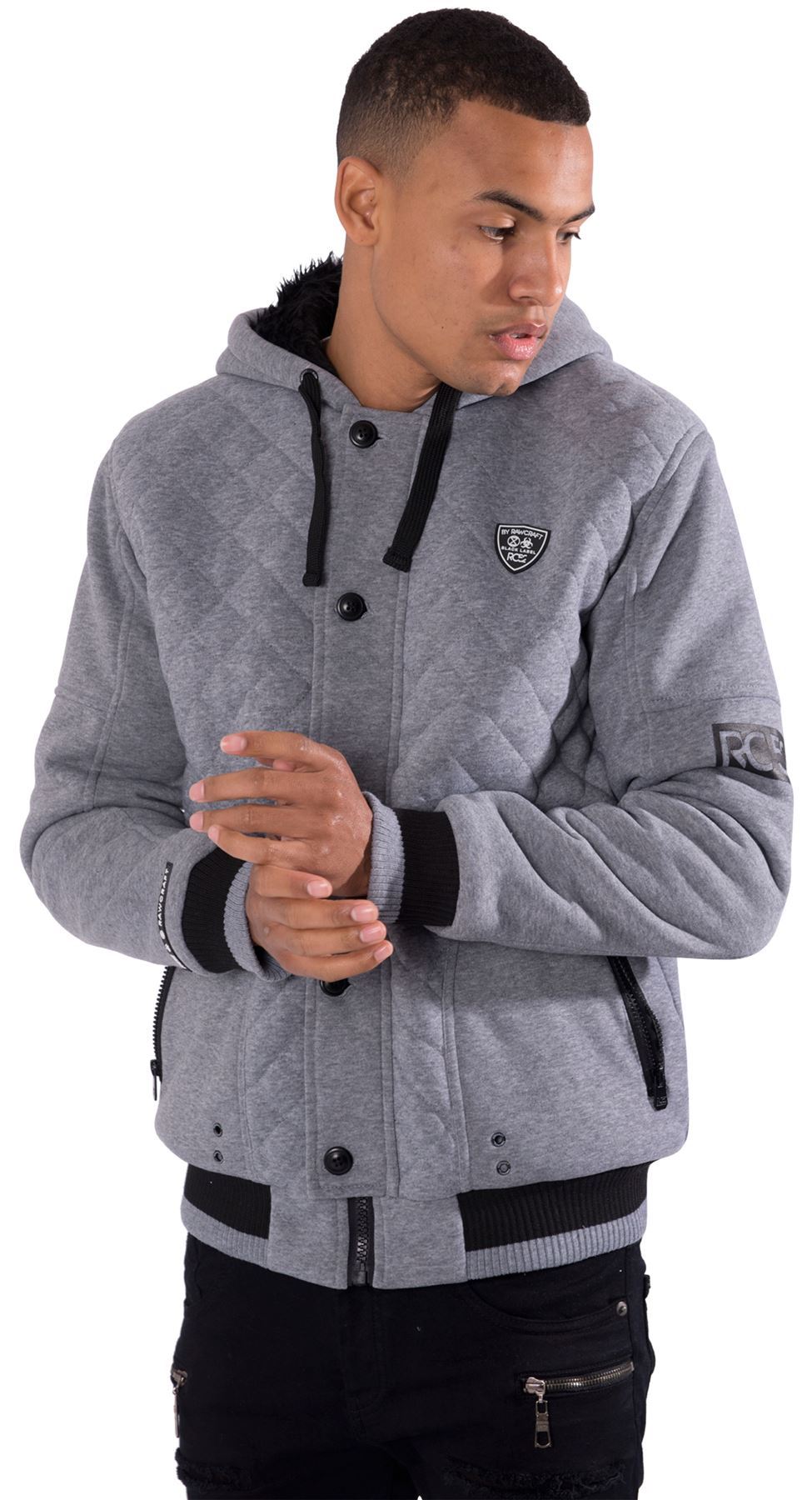 Mens Hoodie Fur Lined Hood Jacket Zip Through Buttons By Rawcraft Sizes