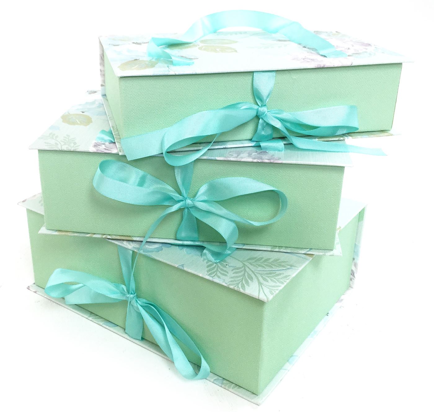 Green Floral Rectangle Hard Cardboard Storage Gift Box + Carry Handle