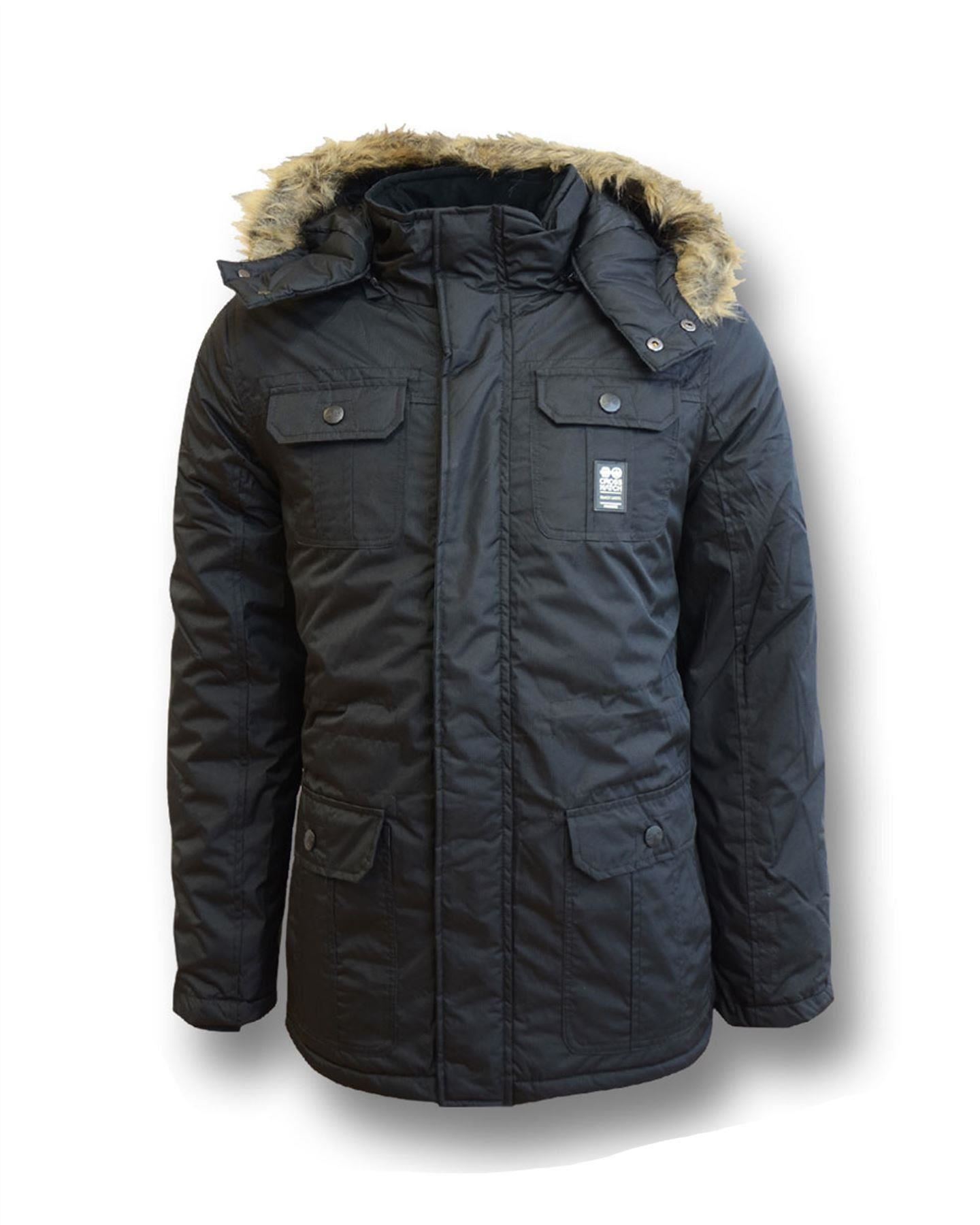 MENS DESIGNER CROSSHATCH PARKY MILITARY PARKA DETACHABLE FUR TRIM