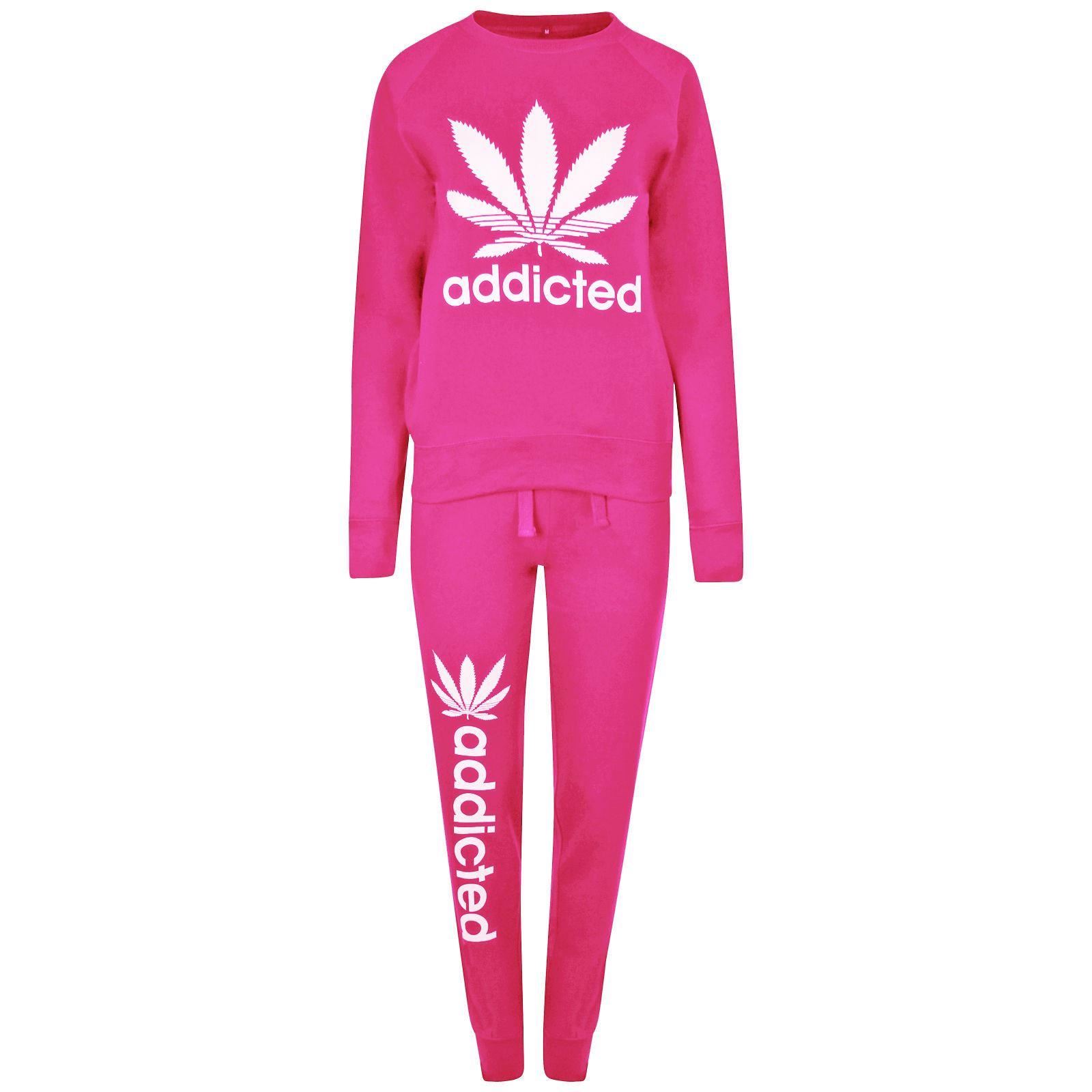 WOMENS LADIES ADDICTED HOODED CREW NECK TRACKSUIT TOP JOG BOTTOMS S M L XL | eBay