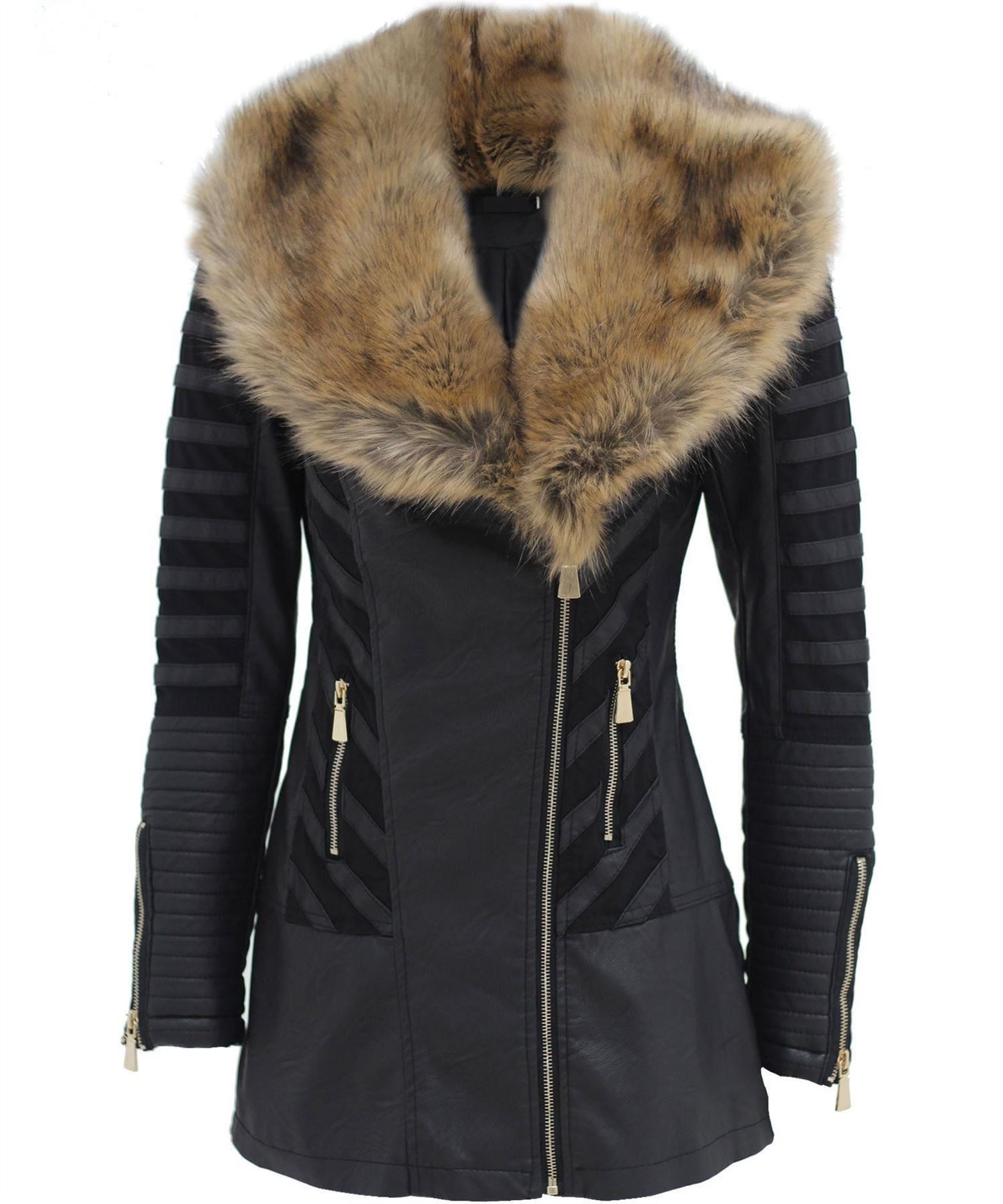 New Ladies Faux Leather Mesh Trim 3/4 Jacket With Fur Trim Collar Black eBay
