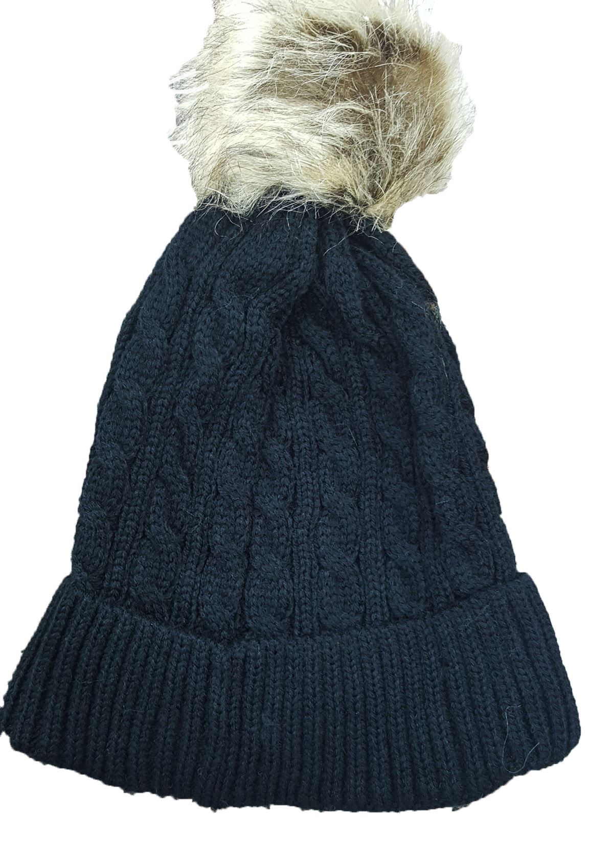 LADIES CABLE KNIT WINTER BEANIE TURN UP HAT WITH FUR POM POM BOB eBay