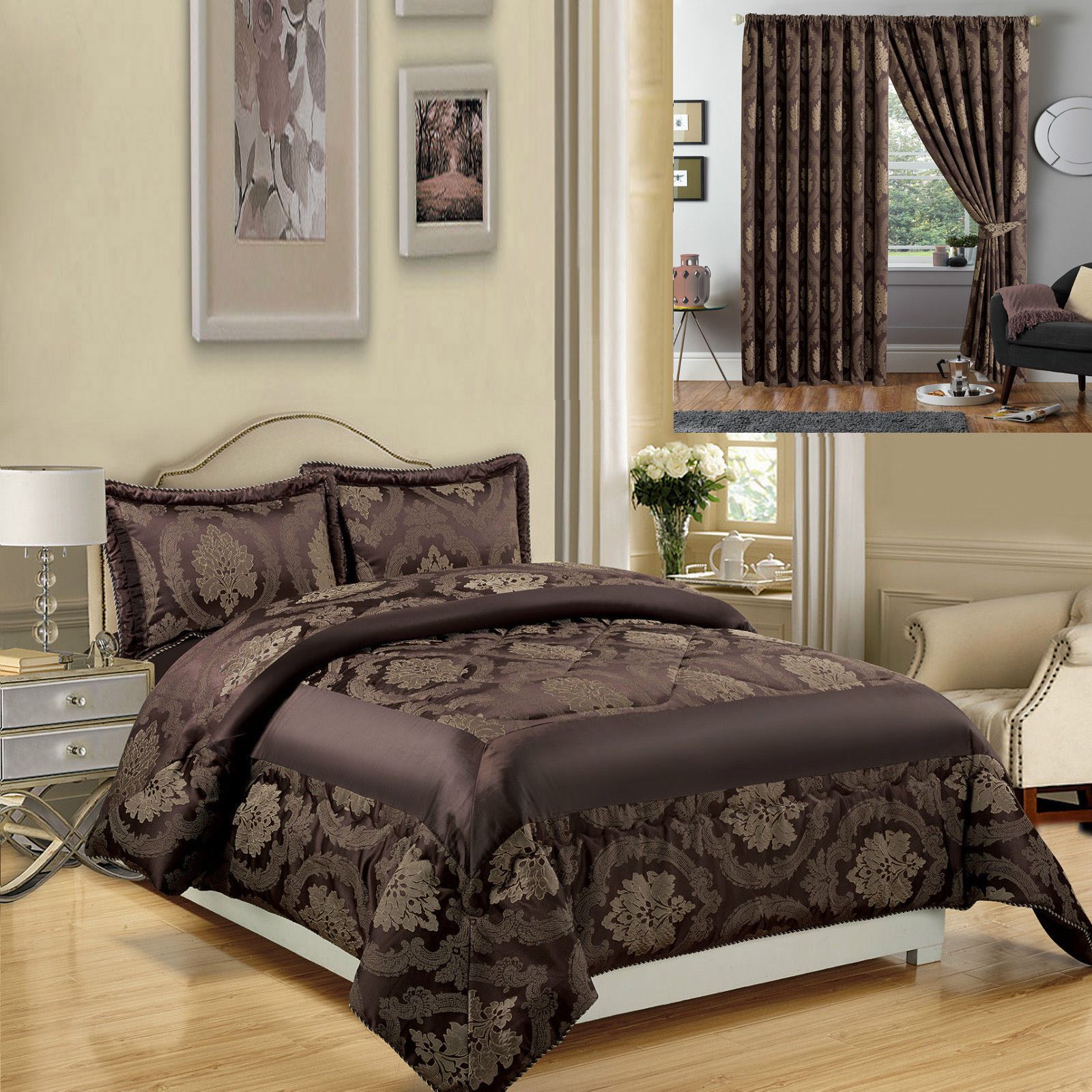 LUXURY JACQUARD BEDSPREAD QUILTED BEDROOM CURTAINS FULLY LINED PILLOW