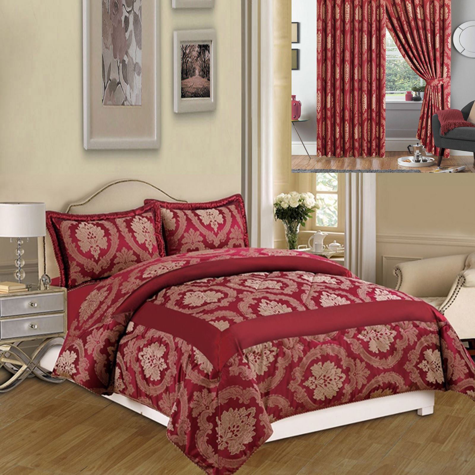 LUXURY JACQUARD BEDSPREAD QUILTED BEDROOM CURTAINS FULLY LINED PILLOW