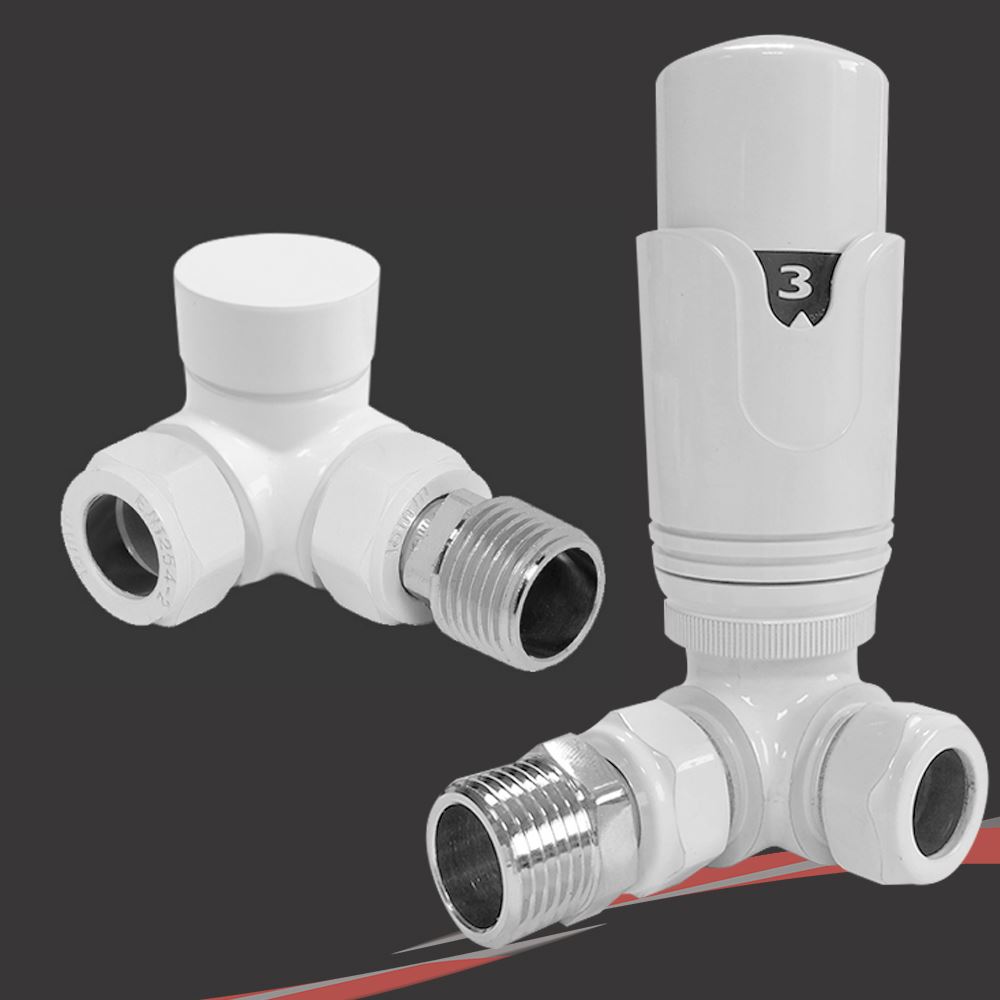 White Thermostatic TRV Radiator & Towel Rail Valves Angled, Straight