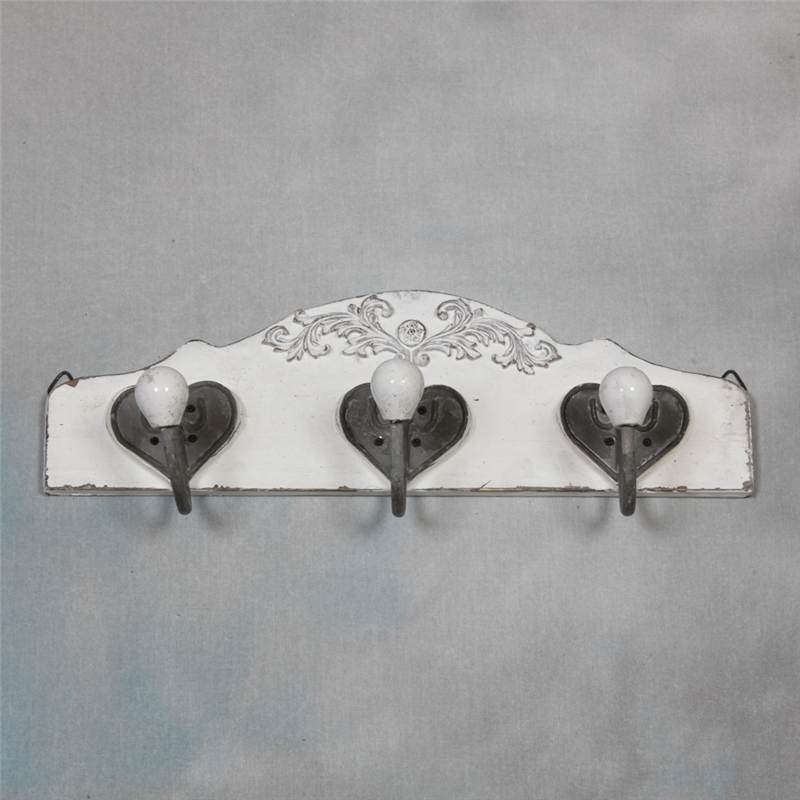 Shabby Chic Coat Rack 3 Hooks Antique White Wood Metal Vintage Wall
