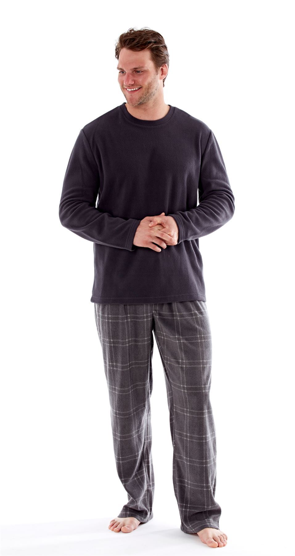 Men's Check Pyjamas, Long Sleeve Top & Pants Thermal Fleece PJS