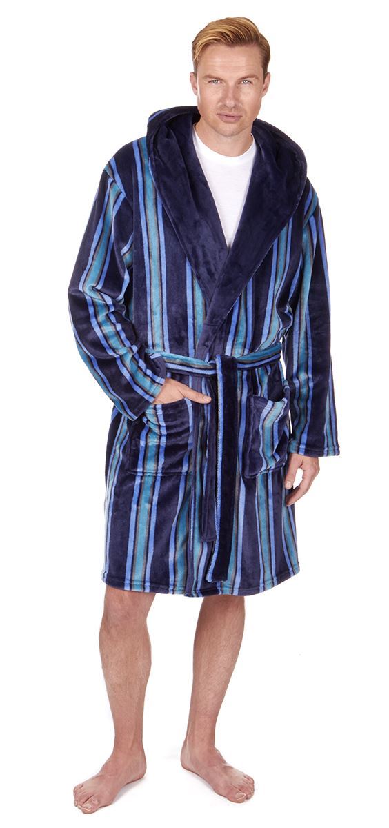 Luxury Men's Striped Hooded Gown Robe, Fleece Dressing Gown, B18 eBay