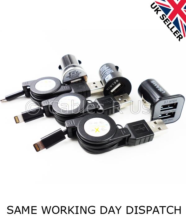 Black-Retractable-Data-Sync-Cable-Lead-Car-Charger-For-iPhone-5-iPad-Mini-iPod