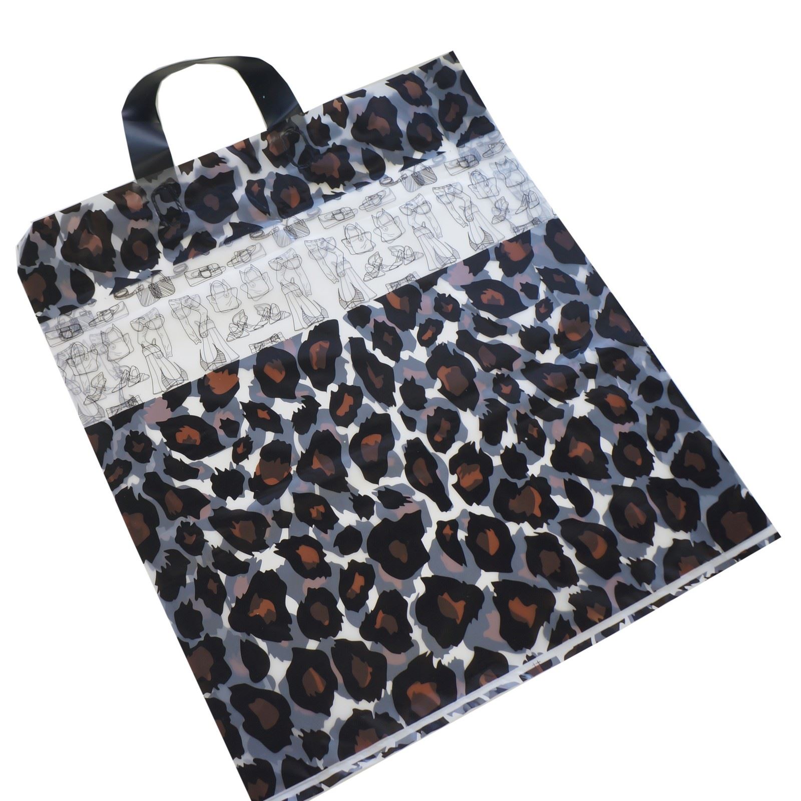 Wholesale Lot of 50 Leopard Print Frosted Plastic Shopping Merchandise Tote Bags