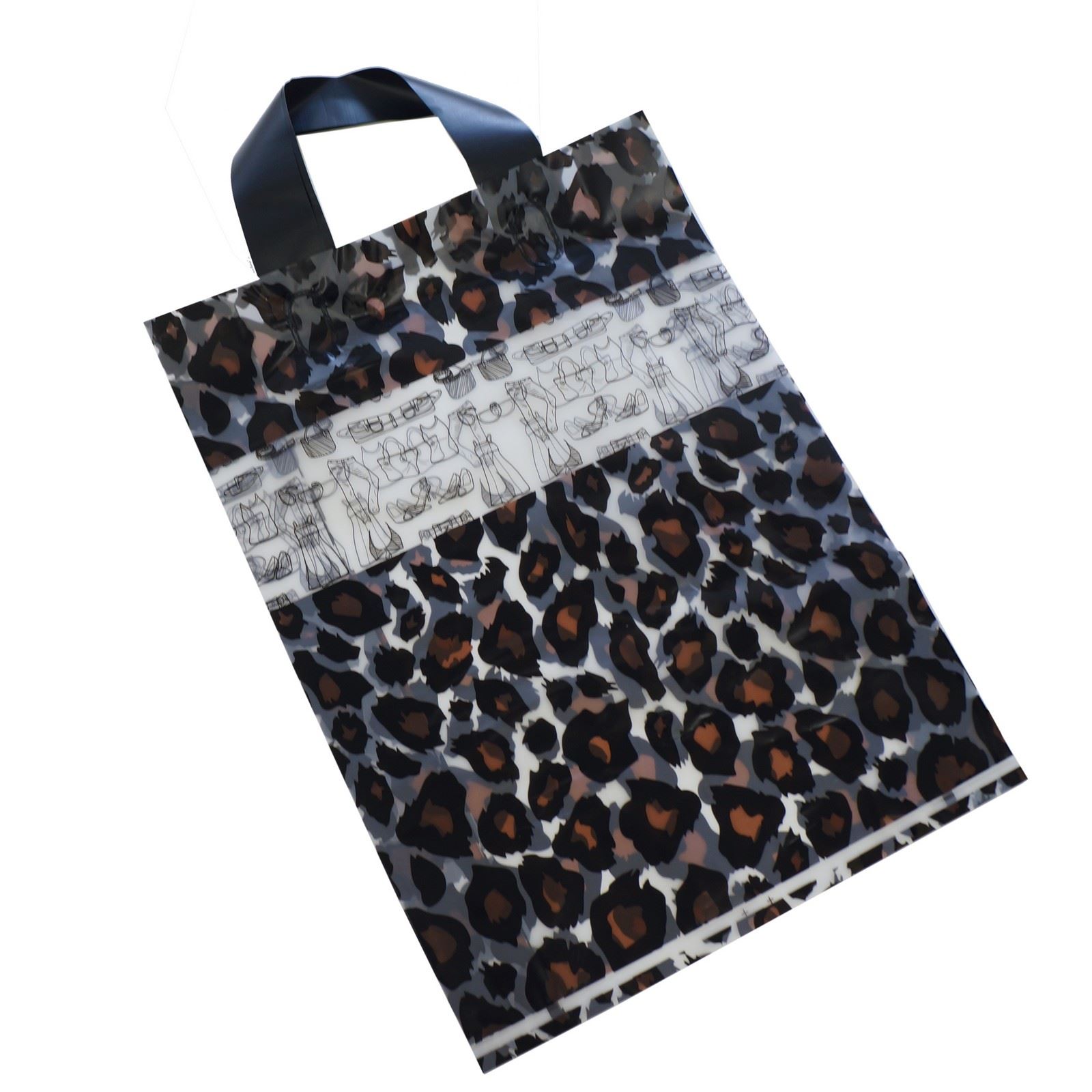 Wholesale Lot of 50 Leopard Print Frosted Plastic Shopping Merchandise Tote Bags
