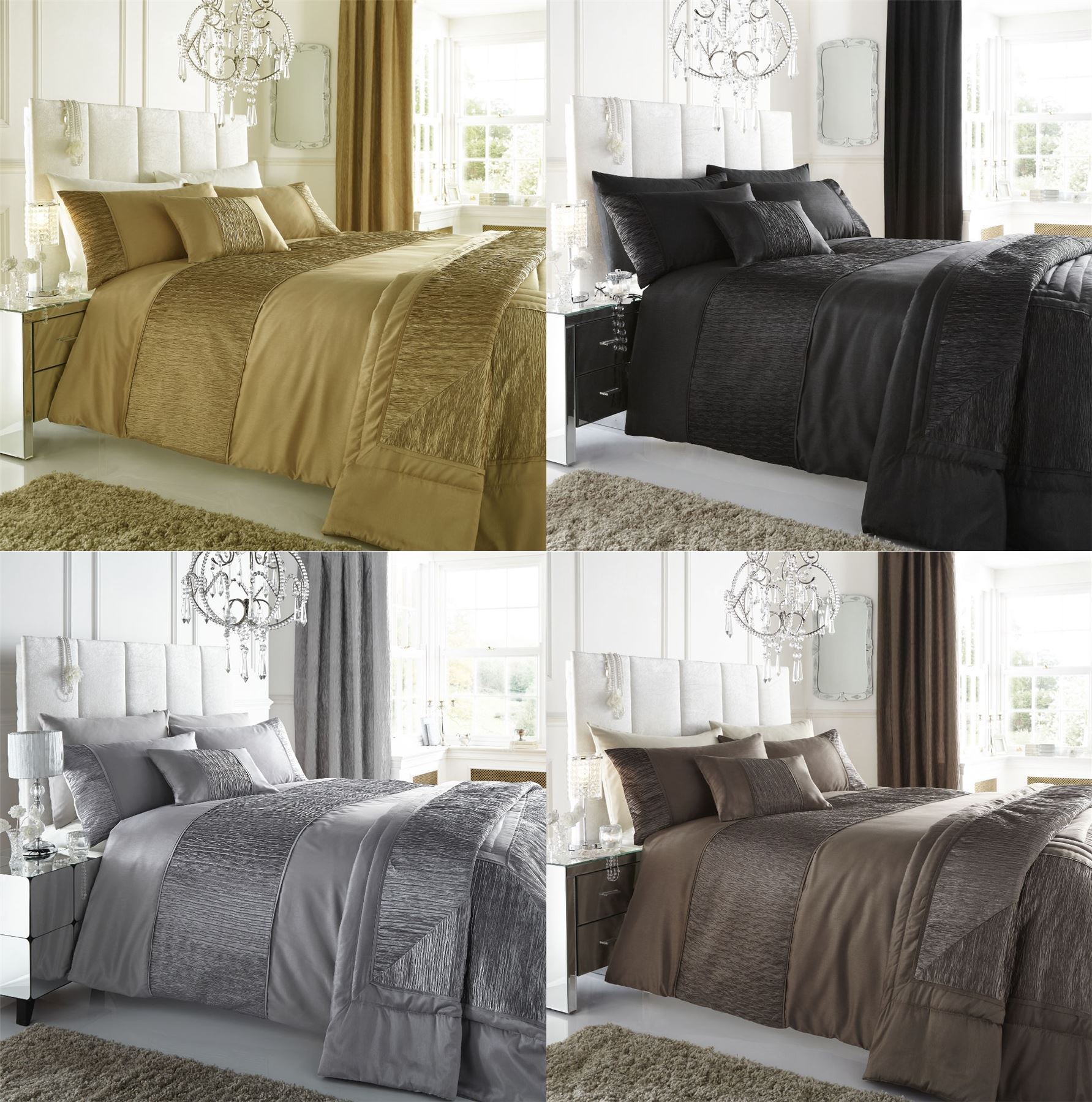 STUNNING SATIN FEEL FAUX SILK RUFFLED PANEL DUVET QUILT COVER BEDDING