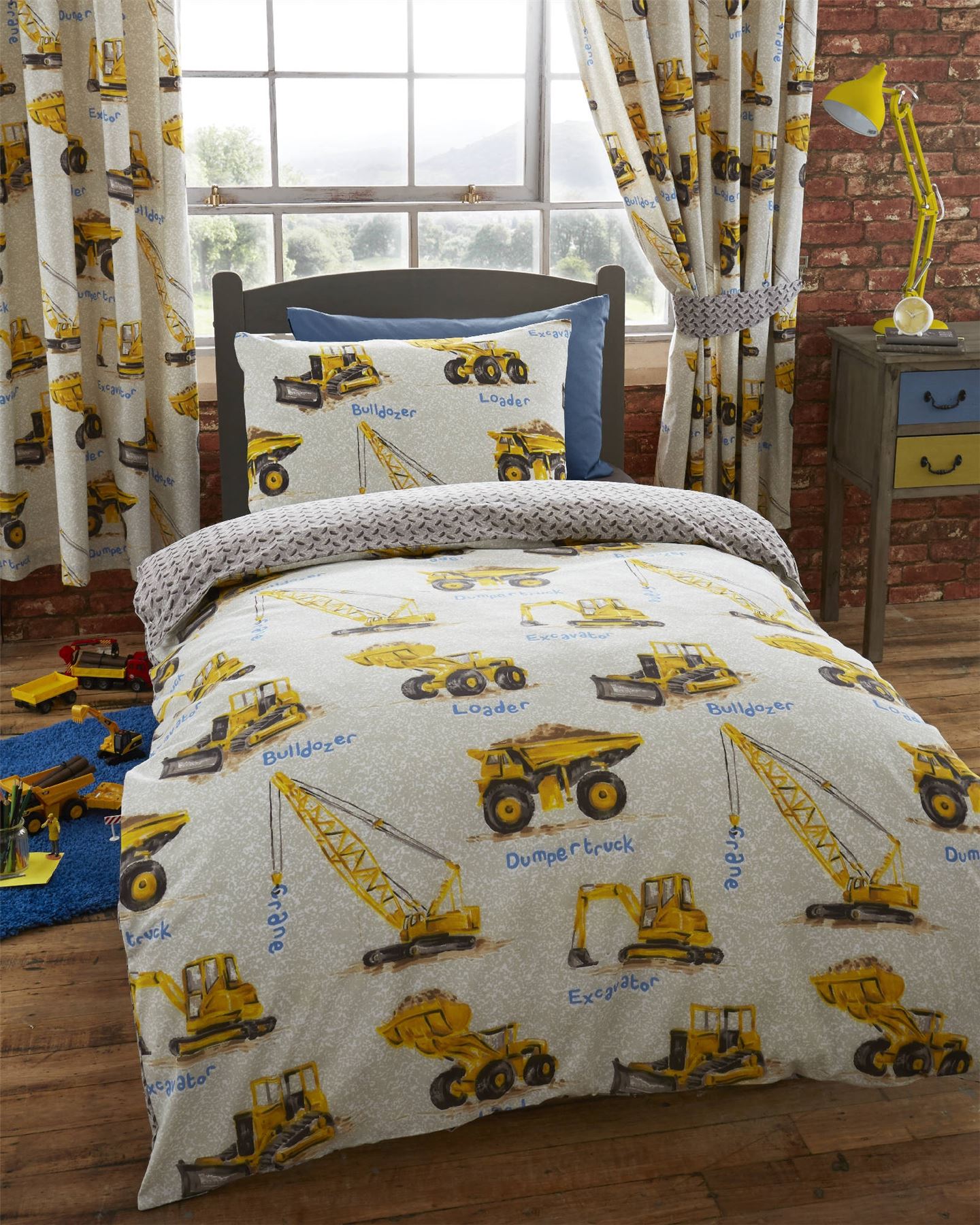 Dumper Trucks Grey Kids Boys Reversible Single Duvet Quilt Cover