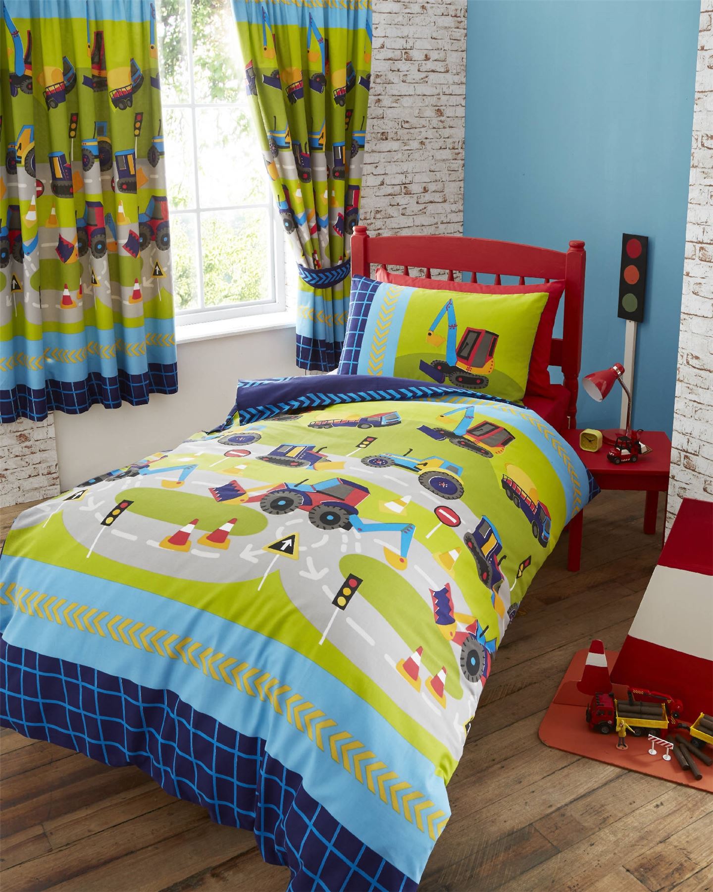 Digger Trucks Green Kids Boys Reversible Single Duvet Quilt Cover