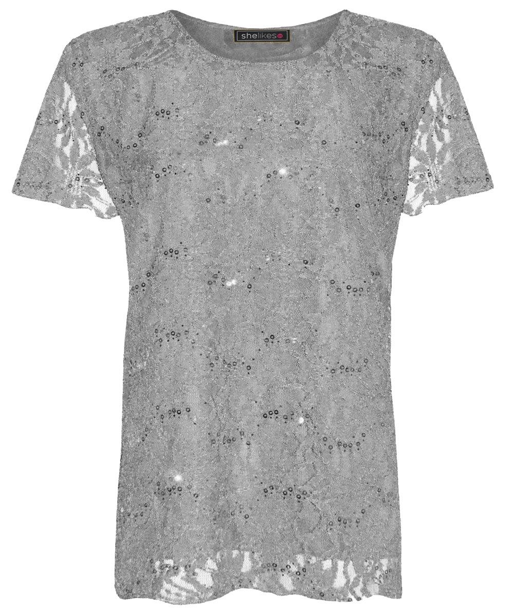 New Womens Ladies Plus Size Lace Over Shiny Sequin Lined Tunic Top - Foto 6 di 10