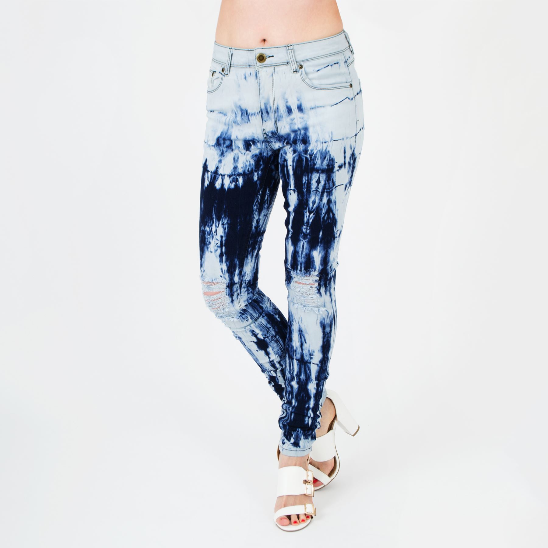 Womens Tie Dye Dip Dye Acid Bleach Wash Ripped Distressed Skinny Slim