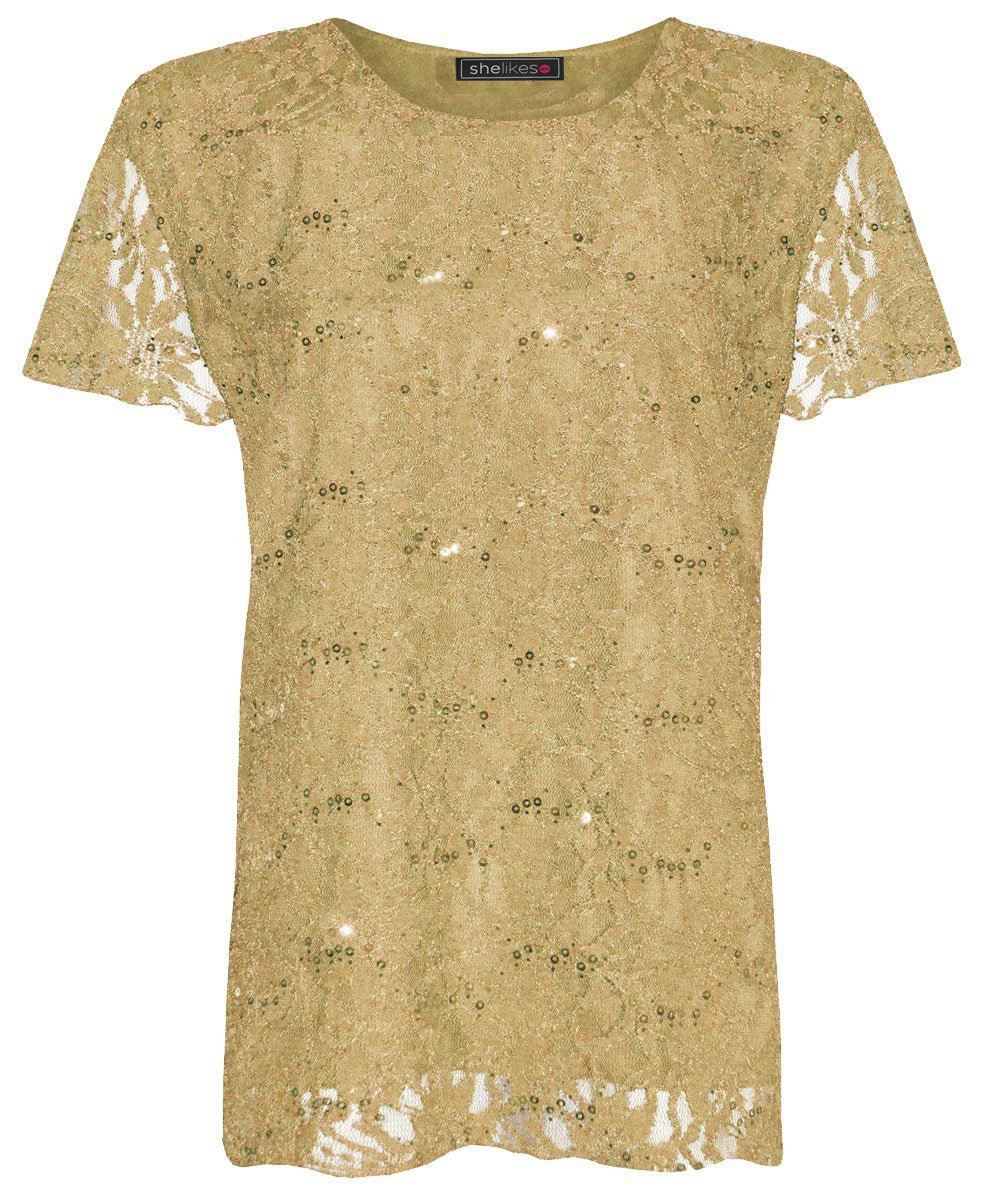 New Womens Ladies Plus Size Lace Over Shiny Sequin Lined Tunic Top - Foto 5 di 10