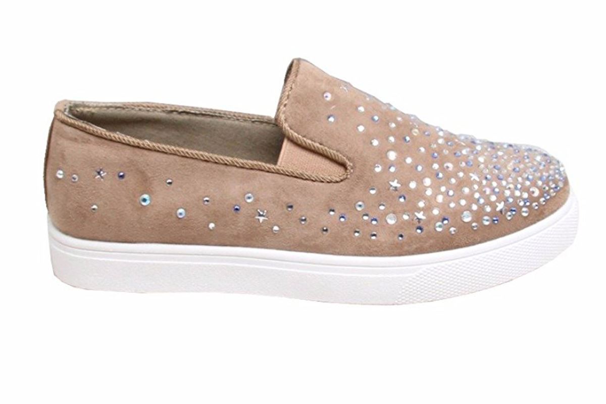 New Quality Womens Casual Front Slip On Diamante Faux Suede Sneaker Pumps Shoes