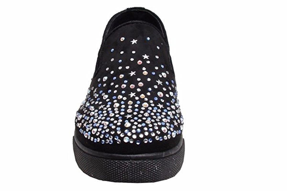 New Quality Womens Casual Front Slip On Diamante Faux Suede Sneaker Pumps Shoes