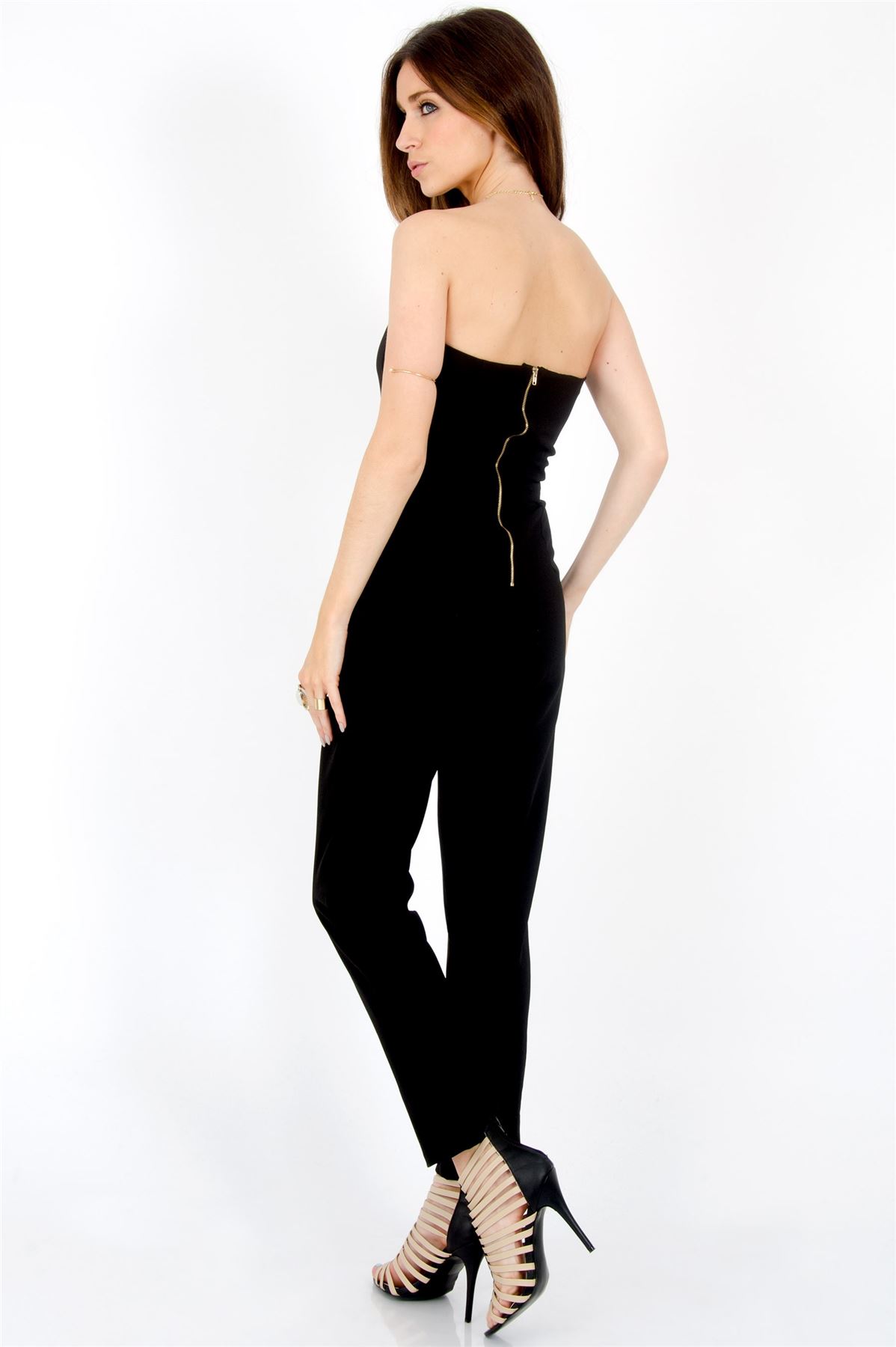 Ladies Black Strapless Sweetheart Neckline Zip Pockets Fastener