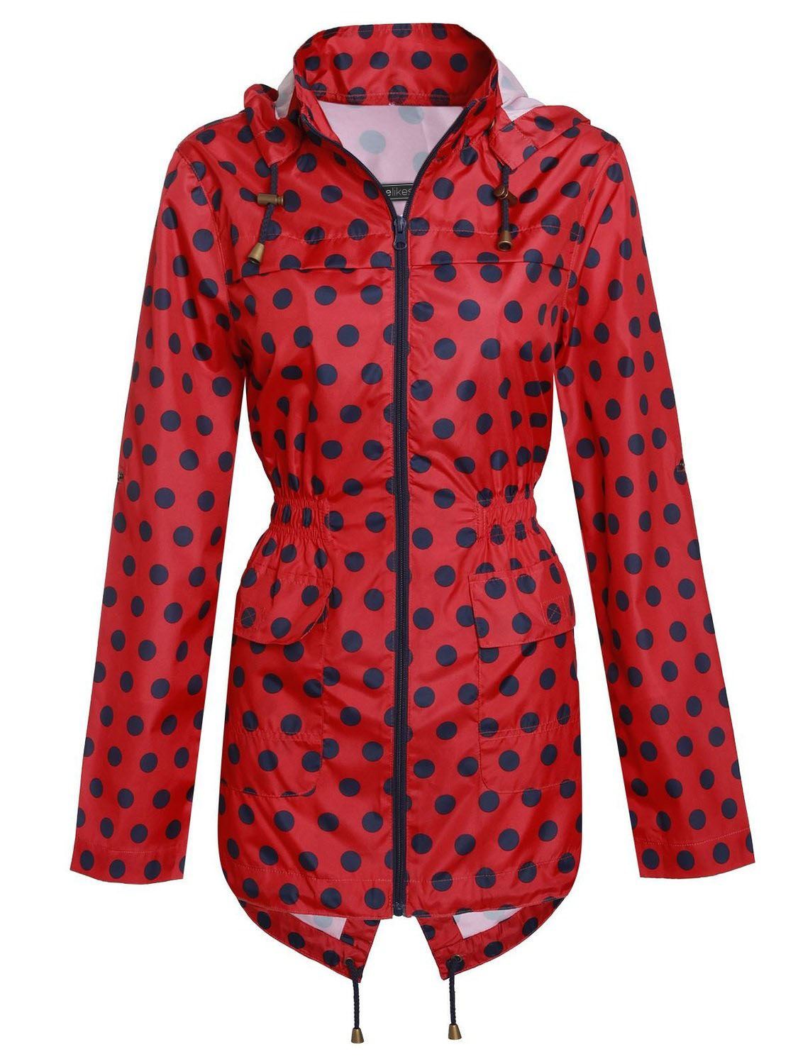 Womens Hooded Mac Raincoat Polka Dot Rain Mac Kagool Fishtail Print