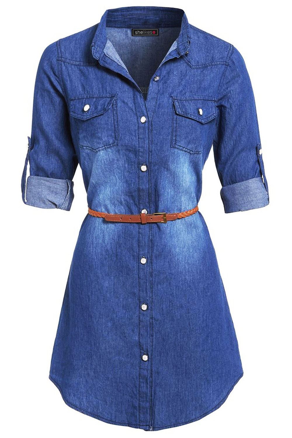 NEW Womens Longline Denim Shirt Dress Ladies Jean Dresses Size 8 10 12