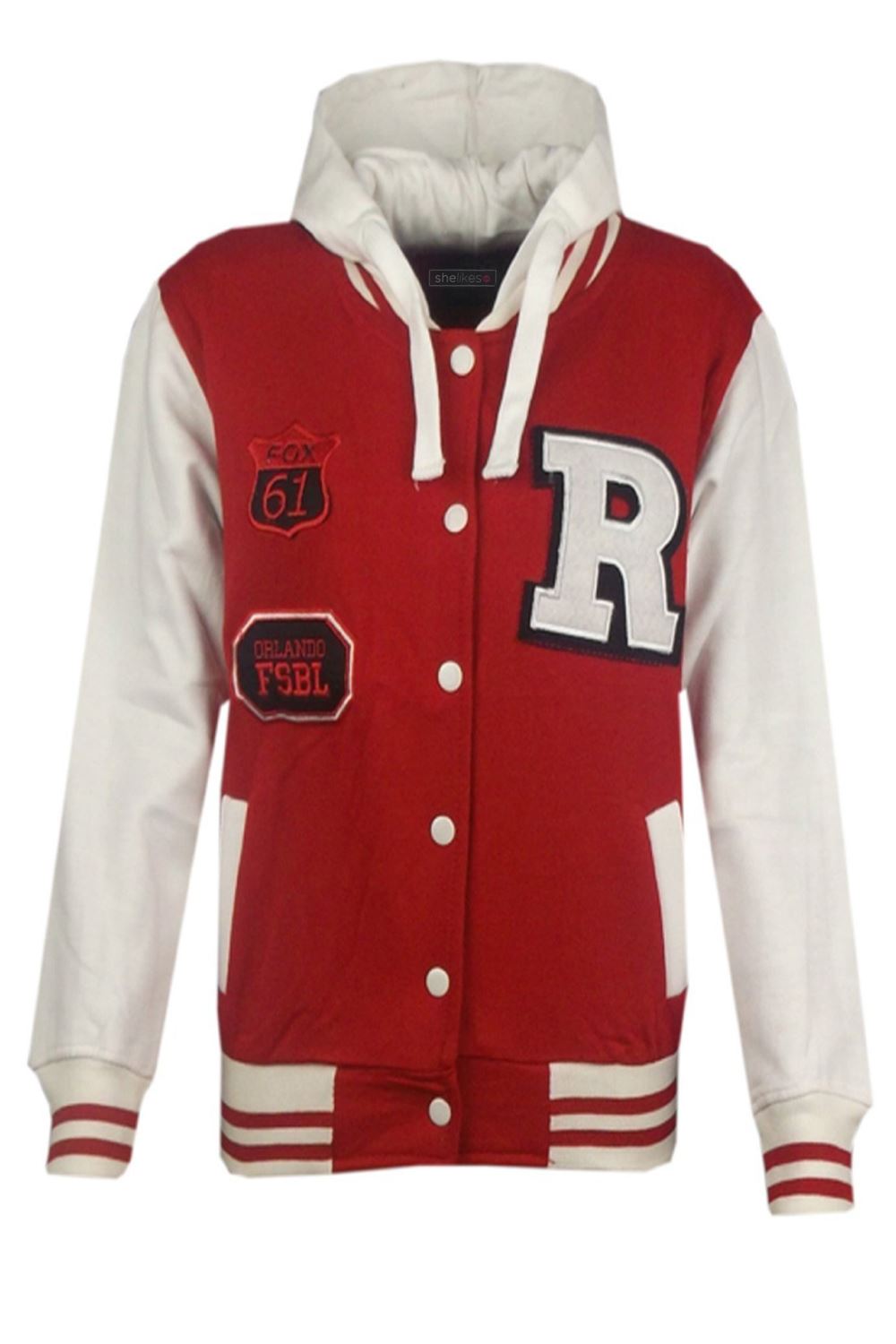 Womens Baseball Badge Hooded Contrast Button Stylish Plus Size Varsity