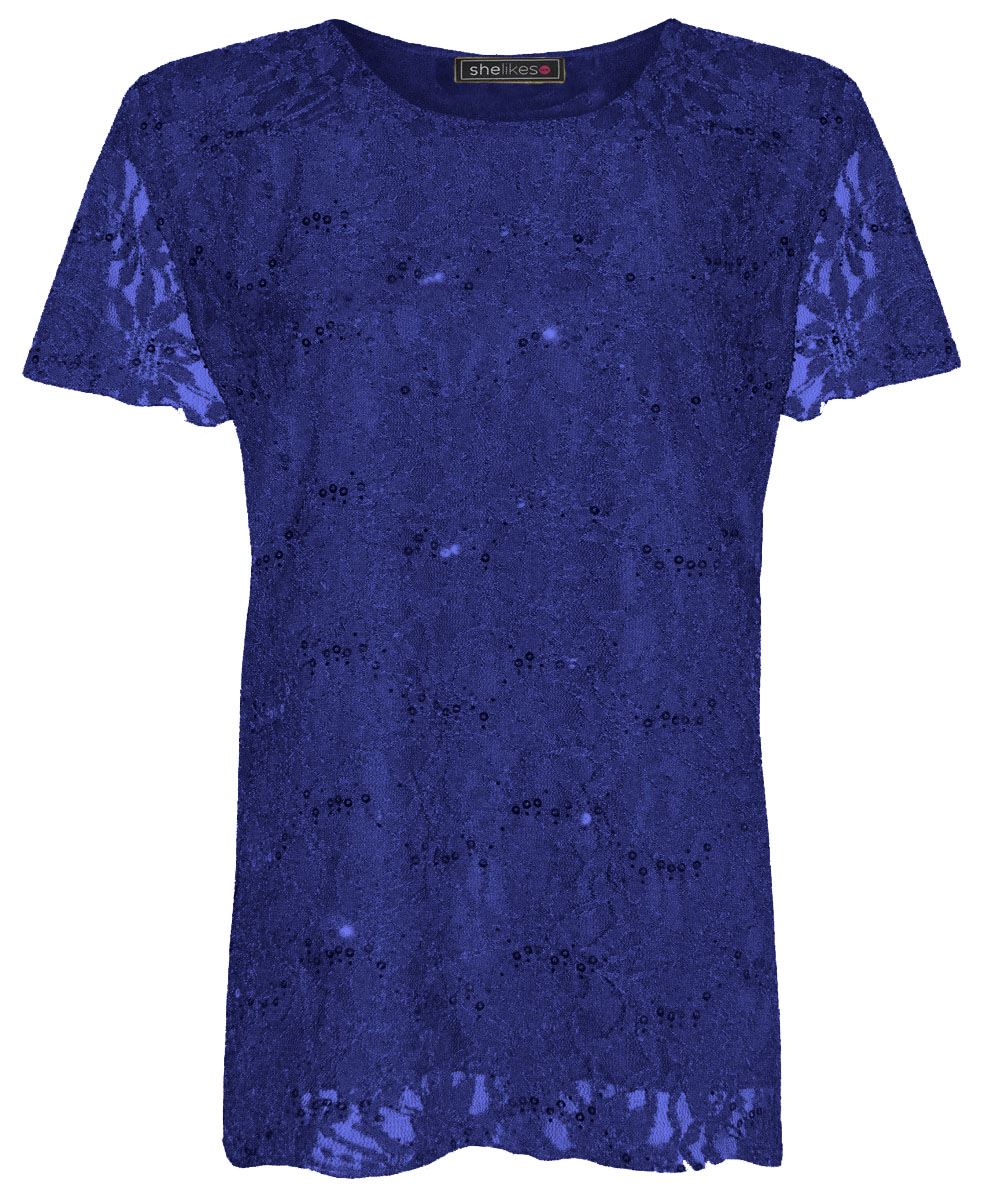 New Womens Ladies Plus Size Lace Over Shiny Sequin Lined Tunic Top - Foto 9 di 10