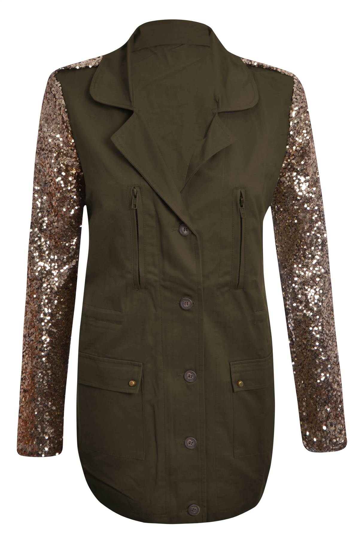 Womens Ladies Celebrity Military Style Khaki Gold Sequin Sleeve Jacket