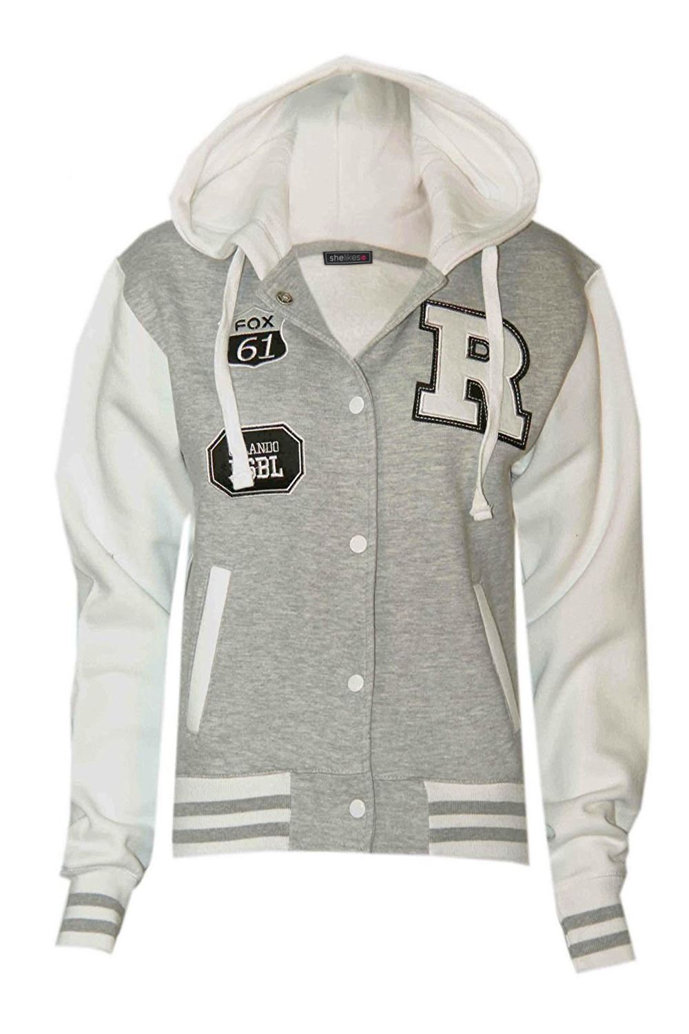 Womens Baseball Badge Hooded Contrast Button Stylish Plus Size Varsity