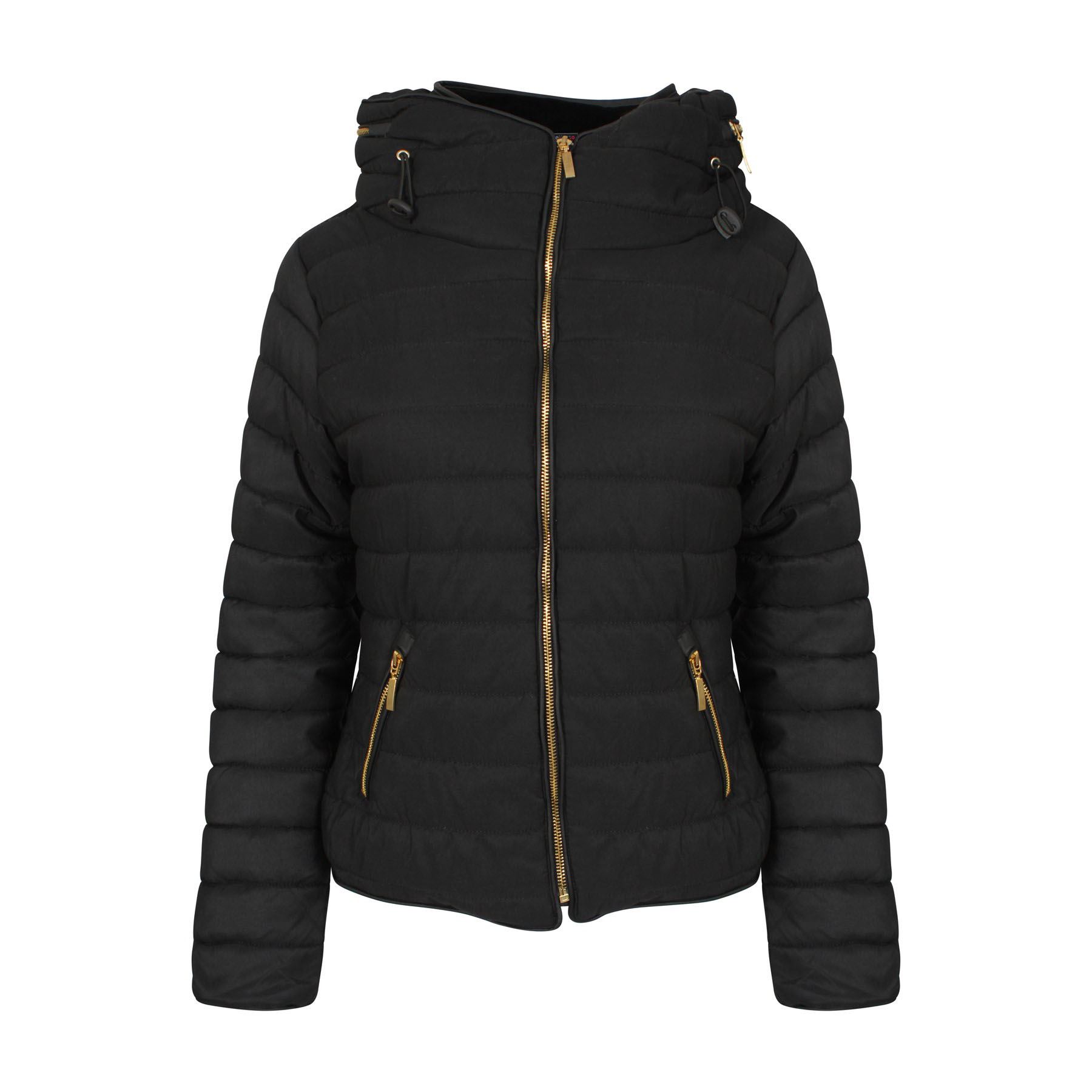 Womens Quilted Padded Hooded Gold Zip Bubble Fur Collar Warm Thick