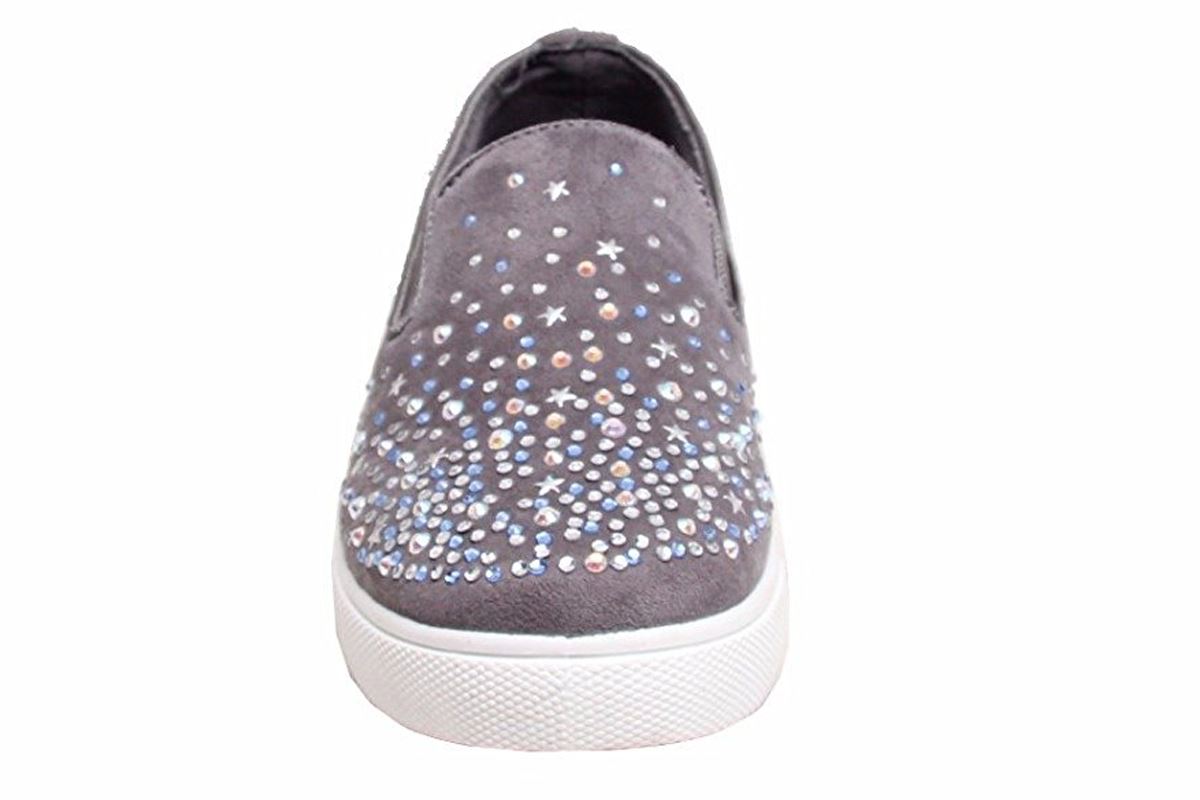 New Womens Casual Faux Suede Front Slip On Diamante Sneaker Pumps Shoes