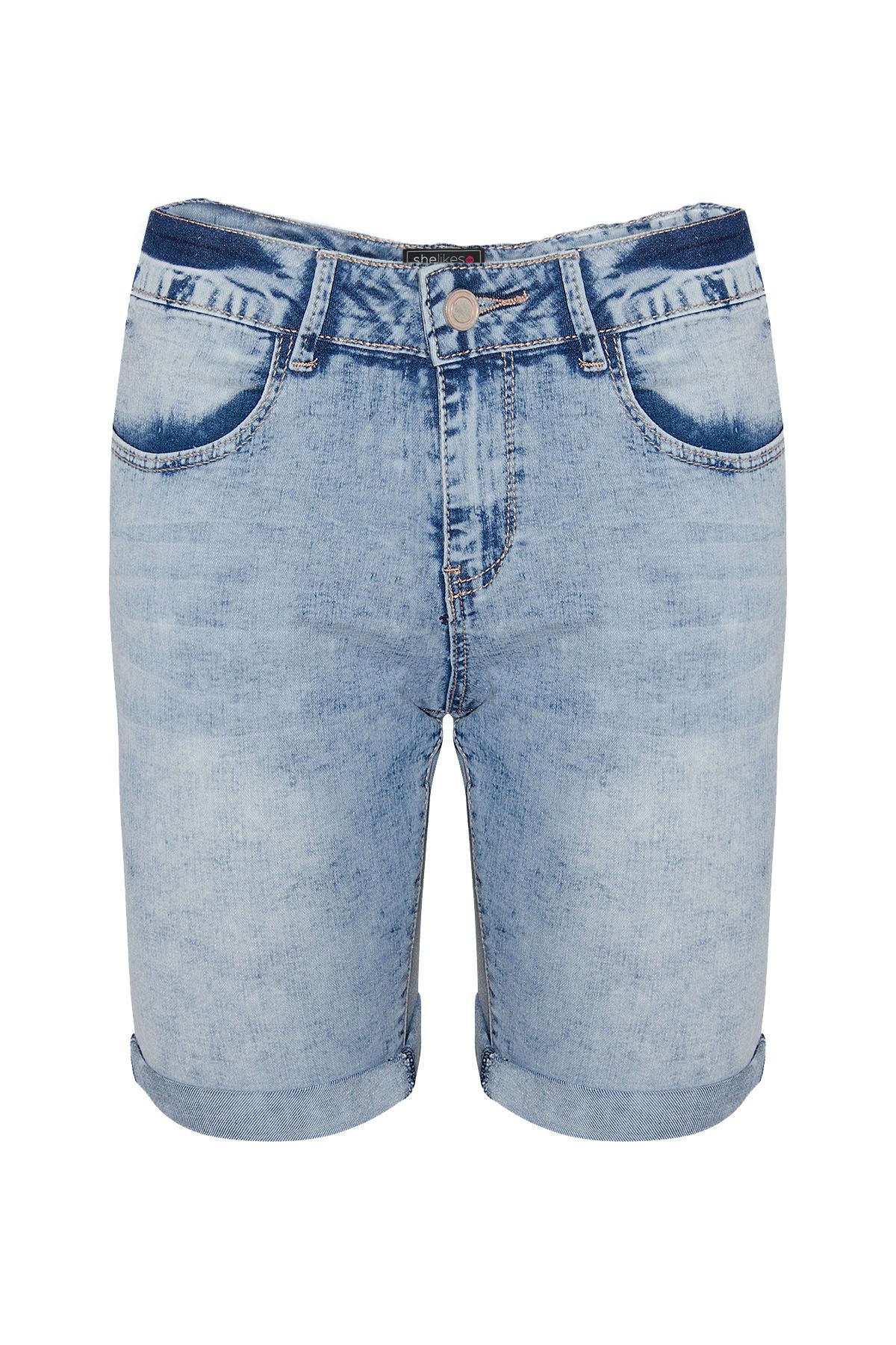 Womens Blue Denim Mid Rise Jeans Summer Turn Up Knee Length Shorts eBay