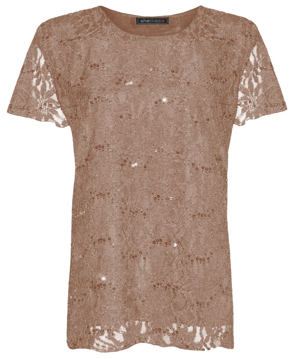 New Womens Ladies Plus Size Lace Over Shiny Sequin Lined Tunic Top - Foto 8 di 10