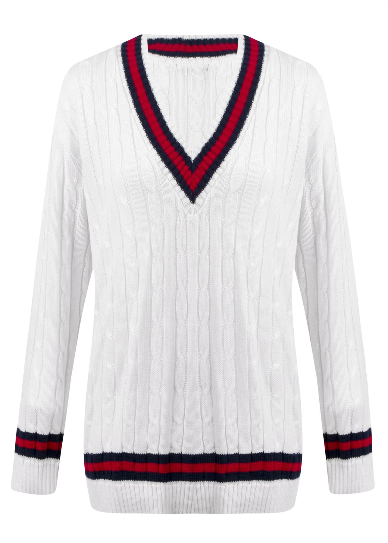 Womens Ladies Cable Knit V Neck Long Stretch Onesize Cricket Jumper