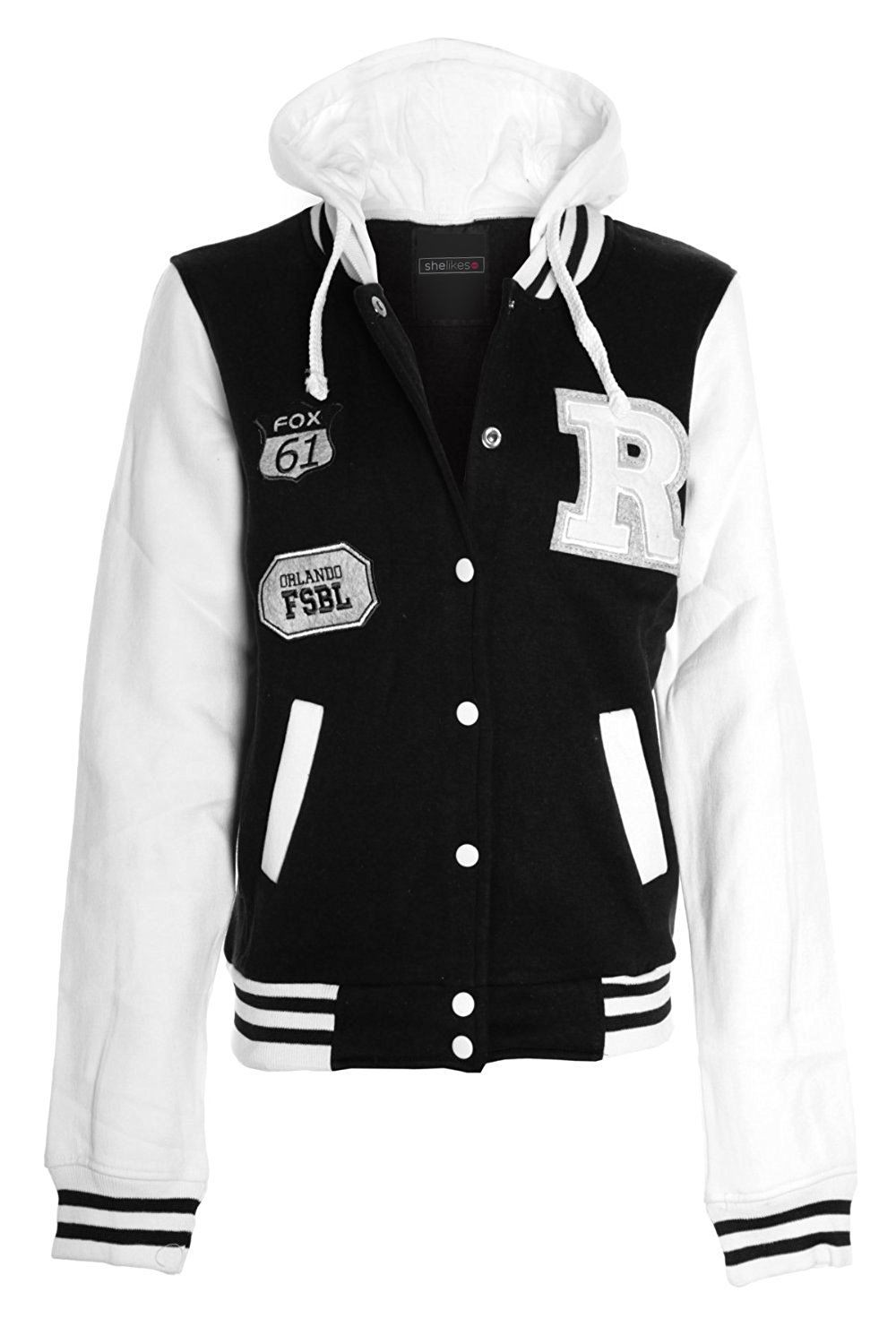 Womens Size Contrast Badge Baseball Hooded Varsity Plus Button Jacket