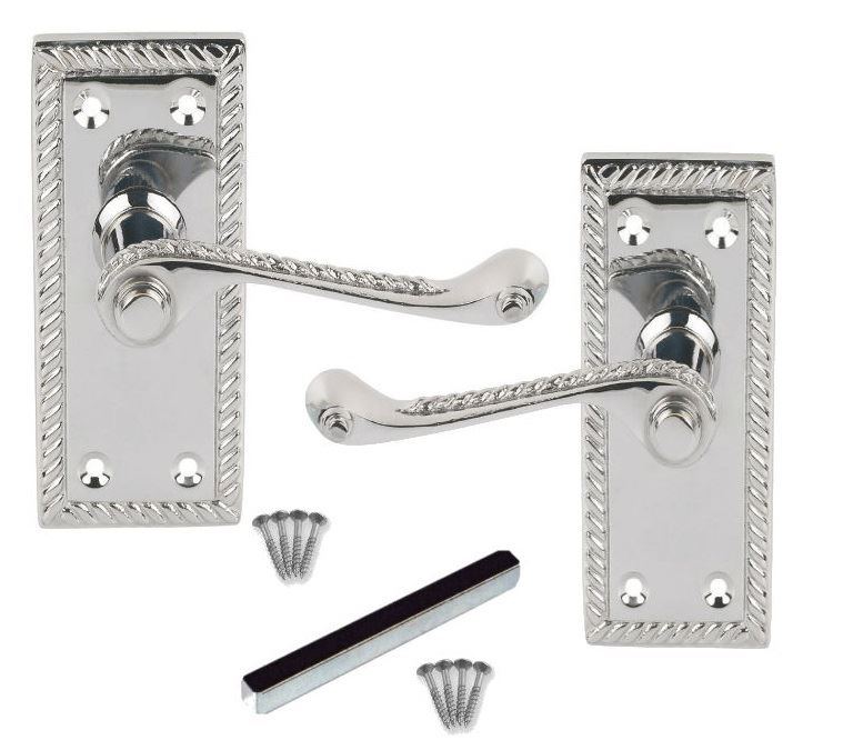 Door Handle Pair Lever LOCK, LATCH, or BATHROOM Chrome/Brass